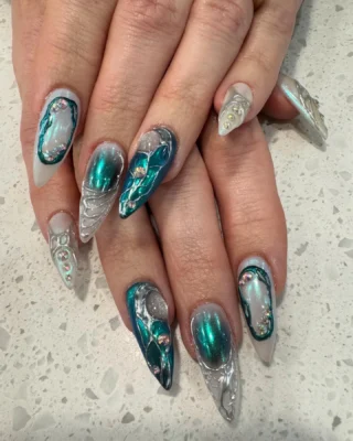 Image 18: #xcellentnailsalon #nailart #naildesign #nailstyle #prettynails #newnails #whitenails #beautynails #gelnailart #dippowder #dippowdernails #snsnails #snsdesign #goldenglowspany #nyc #manhattan #nycsnsnail#3dnailart#3dnailddesign#chromenail#chromenailart